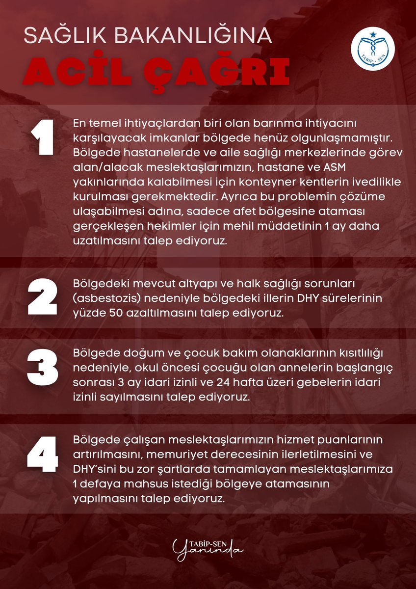 Afet bölgelerine atanan ve afet bölgesinde çalışmaya devam eden meslektaşlarımız için Sağlık Bakanlığına acil çağrımızdır. 

#OHALHekimleriMağdur

<a href="/saglikbakanligi/">T.C. Sağlık Bakanlığı</a>
<a href="/drfahrettinkoca/">Dr. Fahrettin Koca</a>