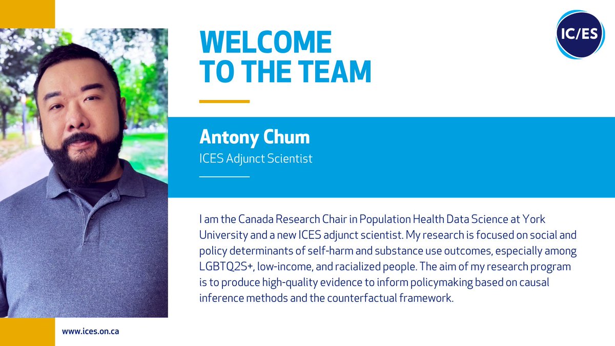 We're thrilled to welcome @phdslab as a new <a href="/ICESOntario/">ICES</a> scientist! Antony's #research focuses on social and policy determinants of self-harm and substance use outcomes, especially among #LGBTQ2S+, low-income, and racialized people. Learn more 👉 bit.ly/3mggRlY