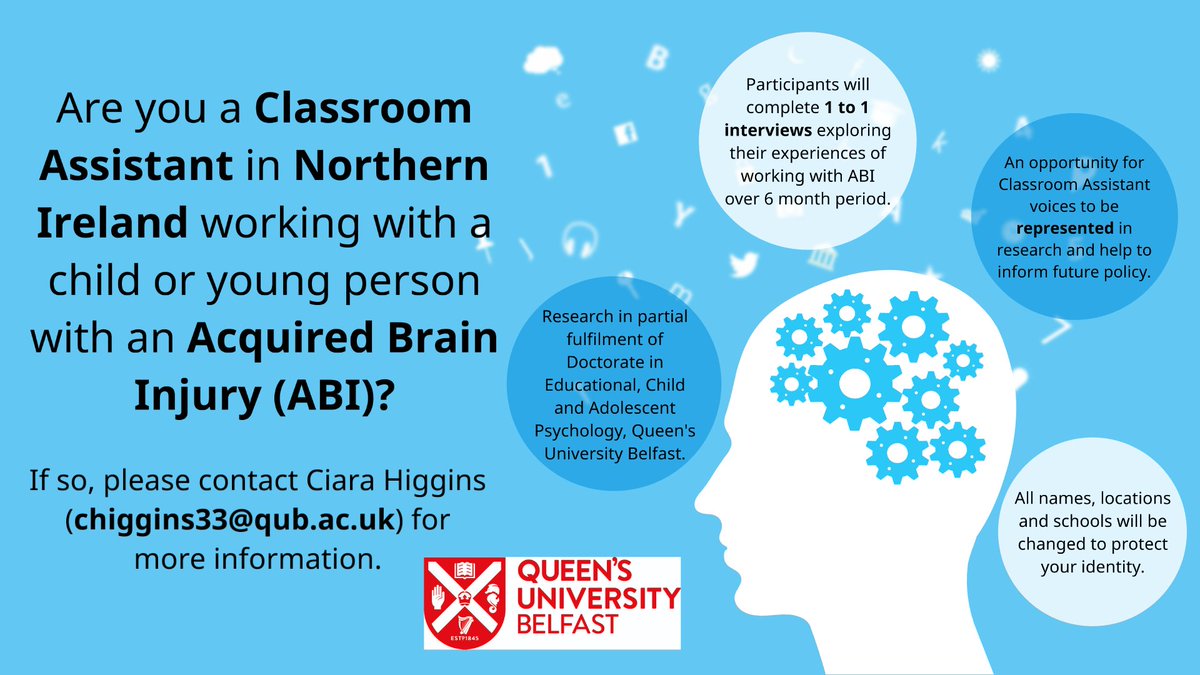 QUBPsych's tweet image. Are you a Classroom Assistant in NI working with a child or young person with an Acquired Brain Injury (ABI)? Please consider taking part in this study @QUBPsych . Three semi-structured interviews will be conducted over six months.
#classroomassistant #acquiredbraininjury #abi