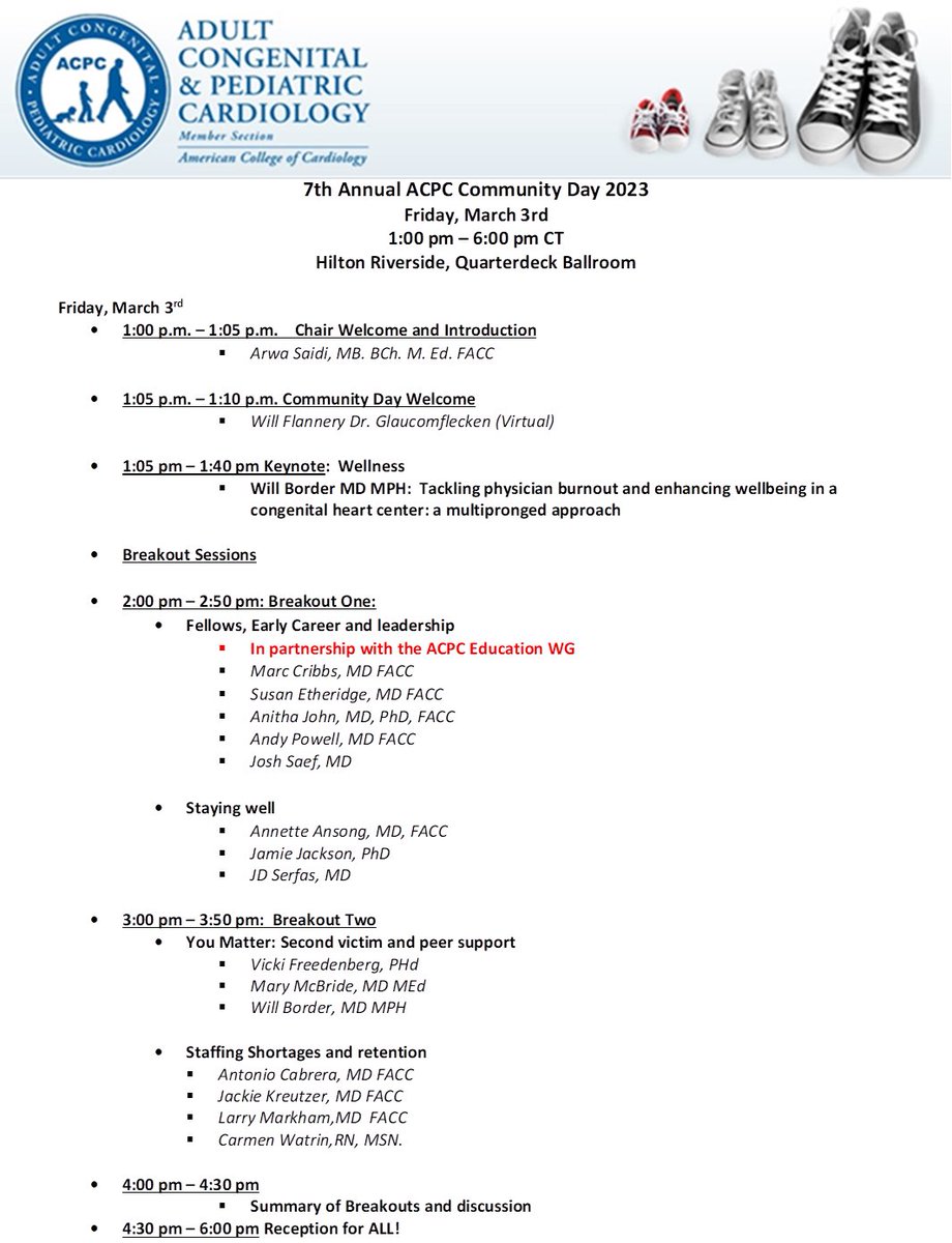 #ACCACPC Members!
Here’s a detailed agenda for the #ACC23 ACPC Community Day!
📆 March 3, 2023
🏨 Hilton Riverside Quarterdeck Ballroom
⏰ 1-6pm CT
<a href="/ACCinTouch/">American College of Cardiology</a> <a href="/FredWuMD/">Fred Wu, MD 🫀 吳明杰</a> <a href="/serfasj/">J.D. Serfas</a> <a href="/AlsaiedTarek/">Tarek Alsaied</a> <a href="/shantellebart88/">Shantelle Bartra</a>