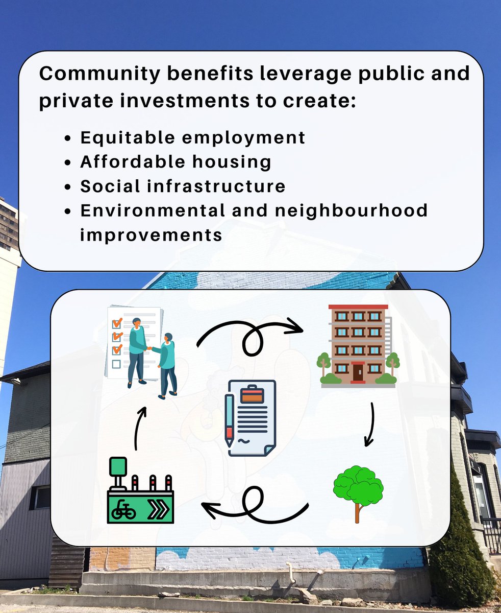What are community benefits anyways..? Community  benefits are not necessarily straightforward for many people. In short, community benefits are the leveraging of public or private infrastructure to ensure that they equitably benefit all residents.🌼