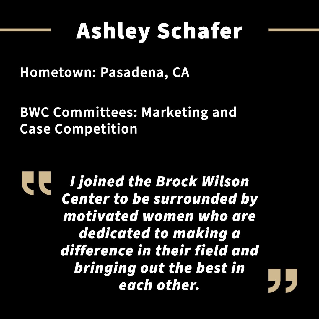 This week's BWC Ambassador Highlight features Ashley Schafer, a sophomore in Finance from Pasadena, CA! She is also one of our new Ambassadors who joined this spring semester and currently serves on the Marketing and the Case Comp Committee.

@PurdueBusiness #BrockWilsonCenter