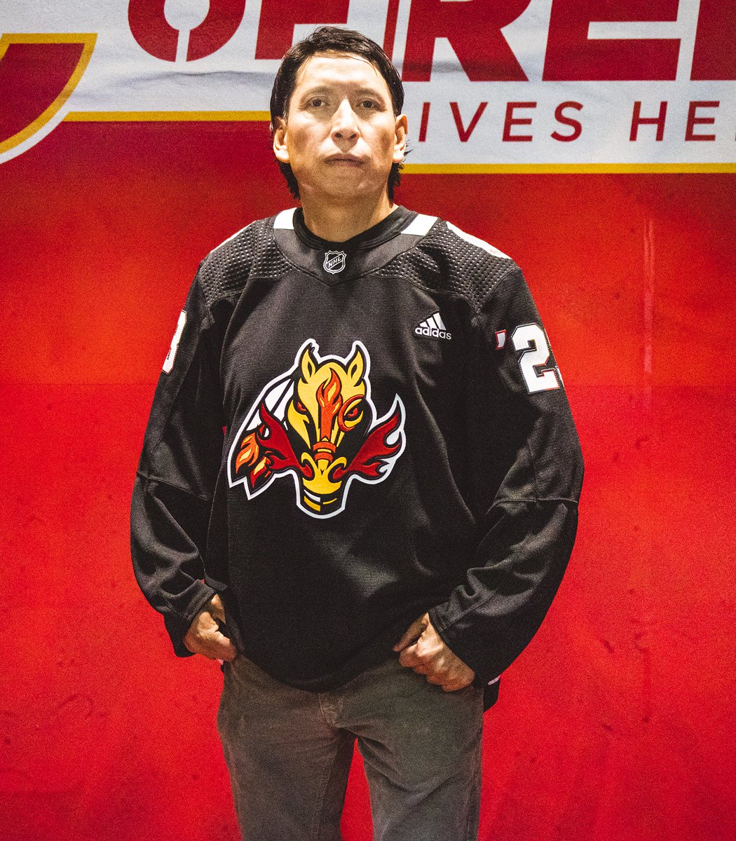 Cannot wait to see these jerseys on the ice tomorrow night 😍

Thank you to Dilayna Blackhorse and Brent Dodginghorse for modeling this year's Indigenous Celebration warm-up jerseys, which were designed by Jacob Alexis and Richard Running Rabbit 🔥
