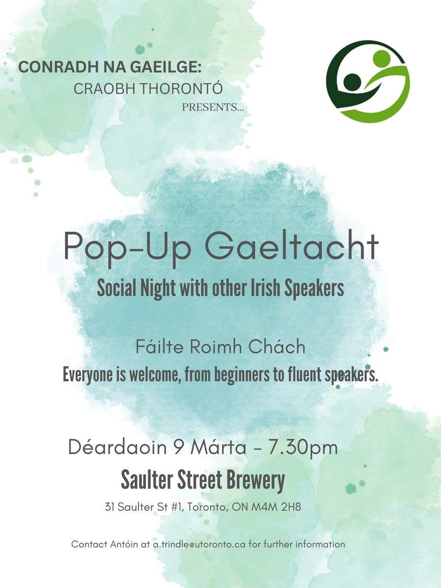 🚨 POP-UP GAELTACHT 🚨

Le ceiliúradh a dhéanamh ar @SnaGaeilge, beidh an chraobh nua de @CnaG i dTorontó ag reáchtáil Pop-Up Gaeltacht ar an 9ú Márta!

Everyone is welcome, from beginners to fluent speakers. Bígí linn!

#Gaeilge #popupgaeltacht #trasnanadtonnta