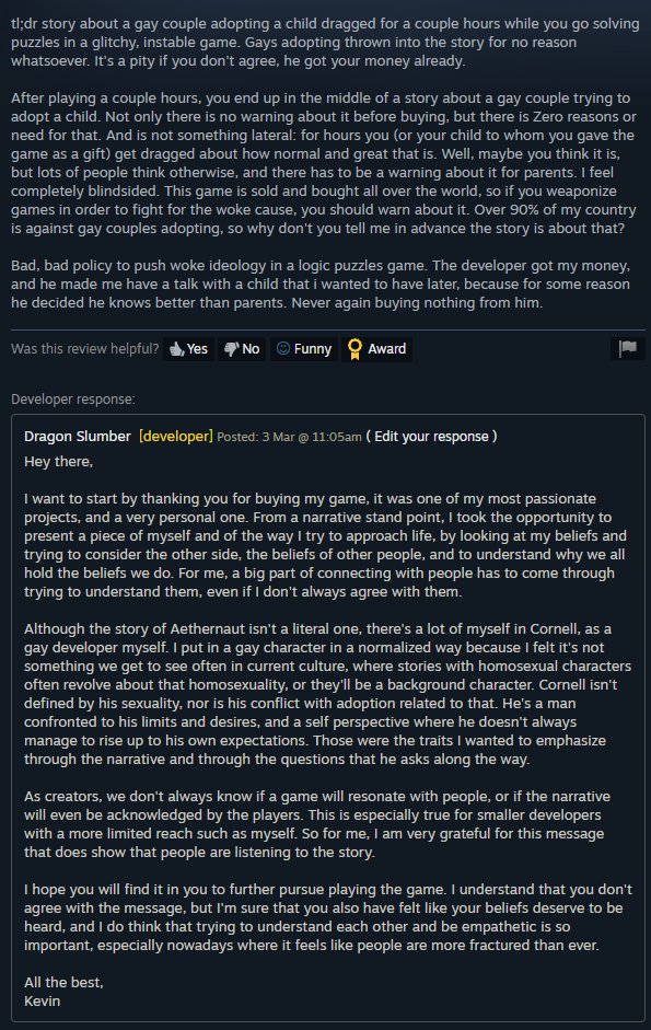 I recently received a (negative) review for Aethernaut which I thought was pretty powerful and I thought it was important for me to share the response as well.