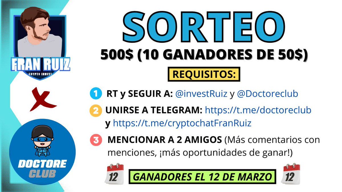 InvestRuiz's tweet photo. 🔥 SORTEO 500$ 🔥

Requisitos:
1⃣ RT y seguir a @InvestRuiz y @DoctoreClub 
2⃣ Unirse a Telegram https://t.co/v87aD05n6n y https://t.co/axK5wpXq1B
3⃣ Menciona a 2 amigos.

¡Cuantos más comentarios con menciones más opciones de ganar!

📅 Ganadores el 12 de marzo

🍀SUERTE🍀 https://t.co/0XGTvEuckh