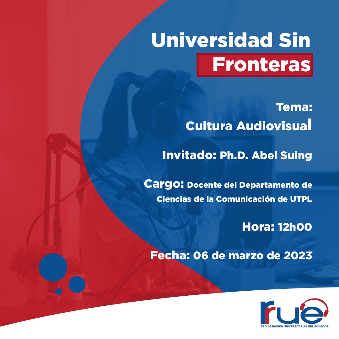 Radio UTPL Online (@radioutpl) on Twitter photo 🎙️Este lunes escúchanos en el programa #UniversidadSinFronteras desde la Red de Radios Universitarias del país; con el tema: Cultura Audiovisual; hablaremos con el Ph.D. <a href="/abelsuing/">Abel SUING</a> desde la carrera de <a href="/ComUTPL/">Carrera de Comunicación UTPL</a>
#EscuchaMás.🎧
▶️ radio.utpl.edu.ec 🎙️Este lunes escúchanos en el programa #UniversidadSinFronteras desde la Red de Radios Universitarias del país; con el tema: Cultura Audiovisual; hablaremos con el Ph.D. <a href="/abelsuing/">Abel SUING</a> desde la carrera de <a href="/ComUTPL/">Carrera de Comunicación UTPL</a>
#EscuchaMás.🎧
▶️ radio.utpl.edu.ec