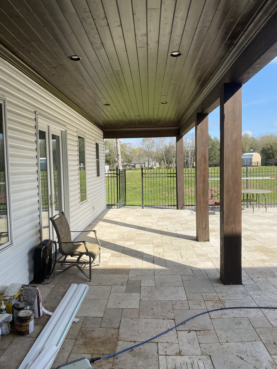 MLRJRConstr's tweet photo. New Project:

-Tongue and groove ceiling

The client’s preferred choice of stain was Chestnut, a perfect finish to this project!

Call or email for a quote today! #MLRJRConstructionLLC  #Contractor #tongueandgroove #crownmolding
#patio #ceiling  #sanding  #stain #lafayettela https://t.co/la3Fy04uCa