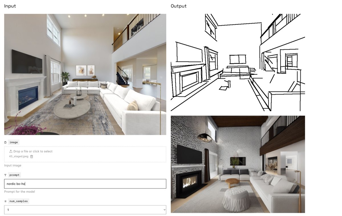 VRPM_UK's tweet photo. We have a ground truth data set of 100000+ images of empty space and the very same image staged. We hope that this could be useful to a potential partner. Testing on @replicatehq has been interesting as the edge detection maintains the original composition. Its early days for us. https://t.co/bpXVcSng9h