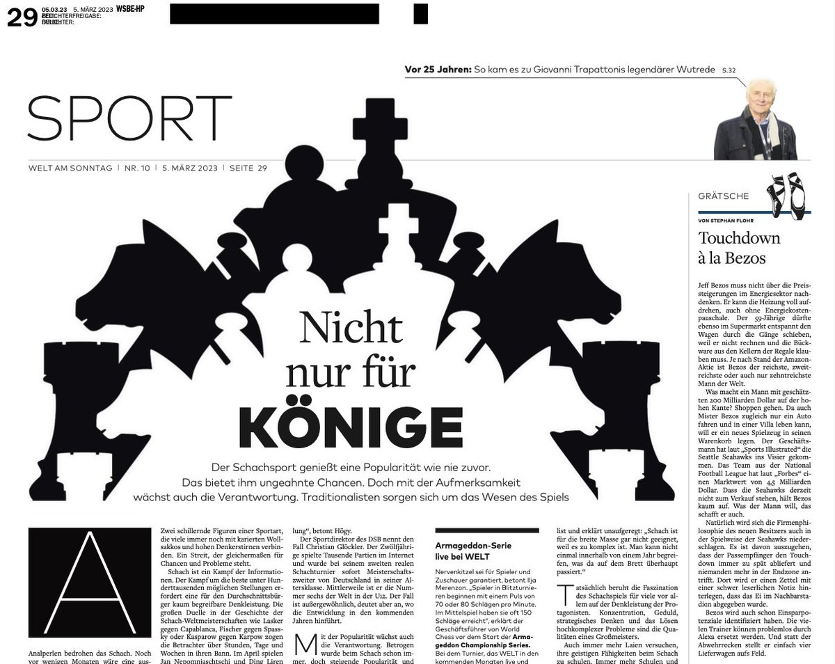 Dass wir den Sport-Teil der <a href="/WELTAMSONNTAG/">WELT AM SONNTAG</a> mit einem Schach-Thema aufmachen, hat es auch noch nicht gegeben (oder seit sehr langer Zeit nicht) ... 😎

<a href="/rouven_jc/">Rouven Chlebna</a> und ich berichten zum Start der Armageddon Championship Series, die wir live auf <a href="/welt/">WELT</a> übertragen. Ab Montag, 19 Uhr.