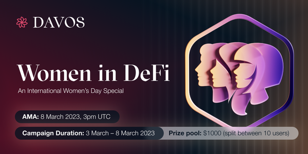 Davos | Stablecoin Protocol (@davos_protocol) on Twitter photo 📣 Davos Protocol is celebrating women in DeFi 💁♀️
AMA 8 March w/ <a href="/0xsachi/">Miss Sentient</a>, <a href="/missminaeva/">missminaeva</a>, <a href="/cryptoideas/">@Lecrypto ( Dr. Vilma Mattila)</a>
Join to discuss women's DeFi experiences & how can the space be improved 🤔
⏰ 3PM UTC
🎧 rb.gy/ljfjuf
Galxe Campaign: prize pool 1000$ 🎁
rb.gy/rjqxct 📣 Davos Protocol is celebrating women in DeFi 💁♀️
AMA 8 March w/ <a href="/0xsachi/">Miss Sentient</a>, <a href="/missminaeva/">missminaeva</a>, <a href="/cryptoideas/">@Lecrypto ( Dr. Vilma Mattila)</a>
Join to discuss women's DeFi experiences & how can the space be improved 🤔
⏰ 3PM UTC
🎧 rb.gy/ljfjuf
Galxe Campaign: prize pool 1000$ 🎁
rb.gy/rjqxct