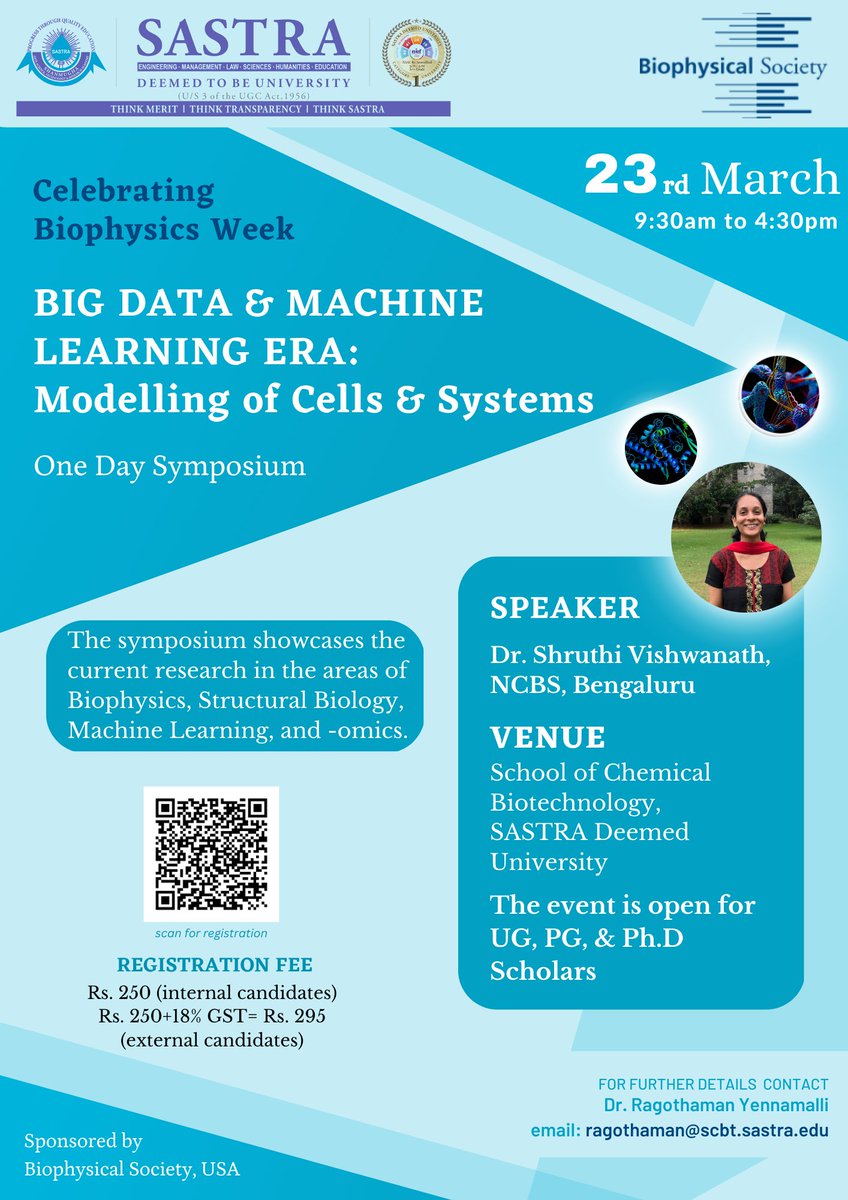 🎉 Woohoo! 🎉 Can't wait to hear @shruthiLab's talk and celebrate Biophysics week with us! Organizing this with @SastraUniv and @BiophysicalSoc 's support! Registration link: docs.google.com/forms/d/1870eD… The countdown has started!!! #BiophysicsWeek #AcademicTwitter #AcademicChatter