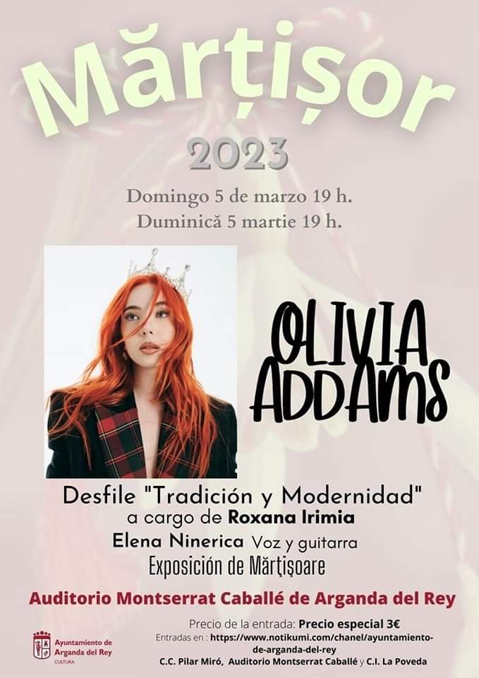 Arganda_Ayto's tweet photo. El Auditorio Montserrat Caballé acogerá el domingo 5 de marzo a las 19:00 horas el concierto Mărțișor que celebra la llegada de la primavera, que contará con la actuación especial de la cantante Olivia Addams y otras actuaciones y actividades #Arganda
https://t.co/yqZeoWOrFE https://t.co/ikNQqZow1p