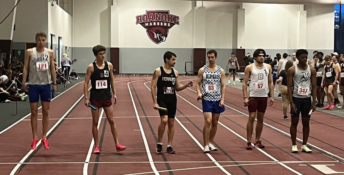 Junior Carter Burcham prepares to start the DMR at the ODAC Indoor Championships at Roanoke. Carter's fast 1200 set the tone for a team time that shattered the mark established at the JDL DMR one week ago.