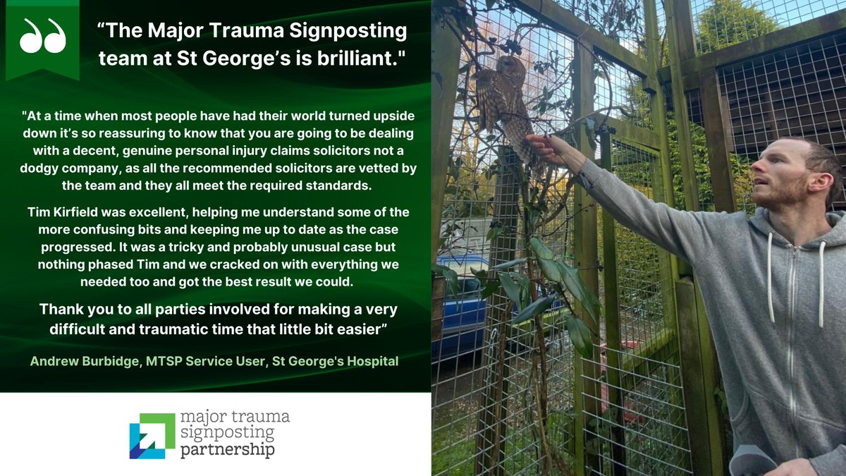 MTSP_StGeorges (@mtsp_stgeorges) on Twitter photo Fabulous feedback for the team <a href="/MTSP_StGeorges/">MTSP_StGeorges</a> <a href="/TimKirfield/">Tim Kirfield</a> <a href="/MBmajortrauma/">Moore Barlow Major Trauma</a> Andrew was saving an owl who was injured at the side of the road when he was hit by a van sustaining his own injuries. Both are recovering well🌟 #Fridayfeedback #majortrauma #rehabilitation #legaladvice Fabulous feedback for the team <a href="/MTSP_StGeorges/">MTSP_StGeorges</a> <a href="/TimKirfield/">Tim Kirfield</a> <a href="/MBmajortrauma/">Moore Barlow Major Trauma</a> Andrew was saving an owl who was injured at the side of the road when he was hit by a van sustaining his own injuries. Both are recovering well🌟 #Fridayfeedback #majortrauma #rehabilitation #legaladvice