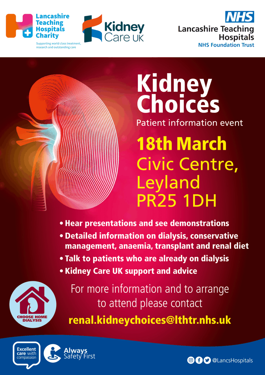 There will be a Kidney Choices patient information event on 📅 March 18th at the Civic Centre in Leyland. ℹ️ Learn more: bit.ly/3IMUdcG