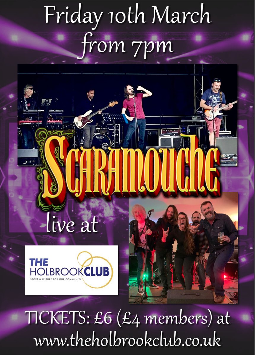 Come and enjoy our first live band night of 2023.  Scaramouche are a rock tribute band with covers from David Bowie, Queen, Elton John, The Jam, Toto and many more - Friday 10th March 2023 from 7pm.  Tickets on sale now …lbrookclub.legendonlineservices.co.uk/enterprise/tic…