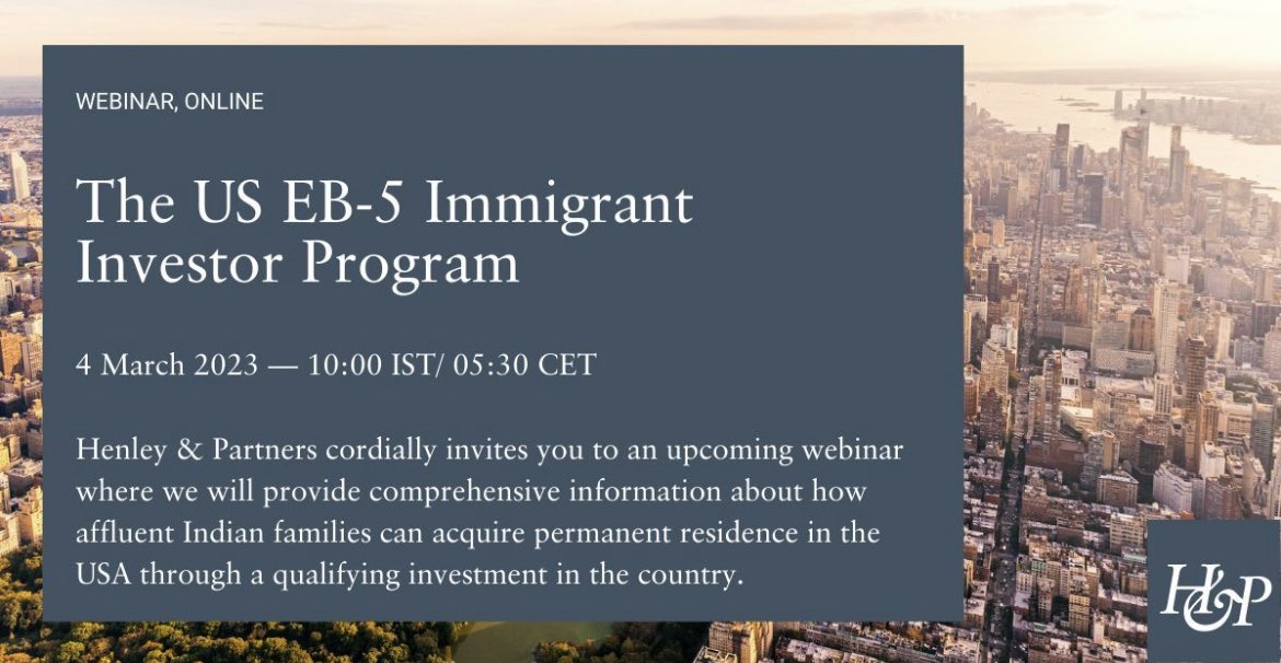 Join us for an informative #webinar on the US EB-5 Immigrant Investor Program on Saturday, 4 March 2023.

bit.ly/3SMAkqP

Karine S.

Investment migration expert advising UHNWI and High Net Worth families

M: +1514 578 7908

E: karine.kosnakian@henleyglobal.com

#globalmo