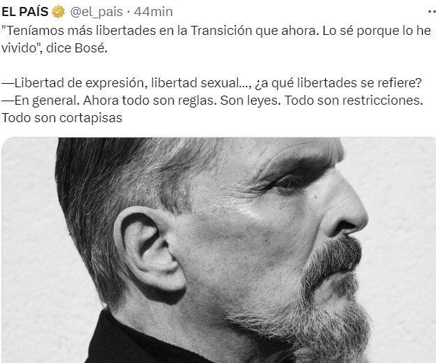RubenSanchezTW's tweet photo. Miguel Bosé dice que en la Transición había más libertades que ahora. Vete a saber por qué en esa época él ocultaba su orientación sexual. https://t.co/dBEz2aDkRW