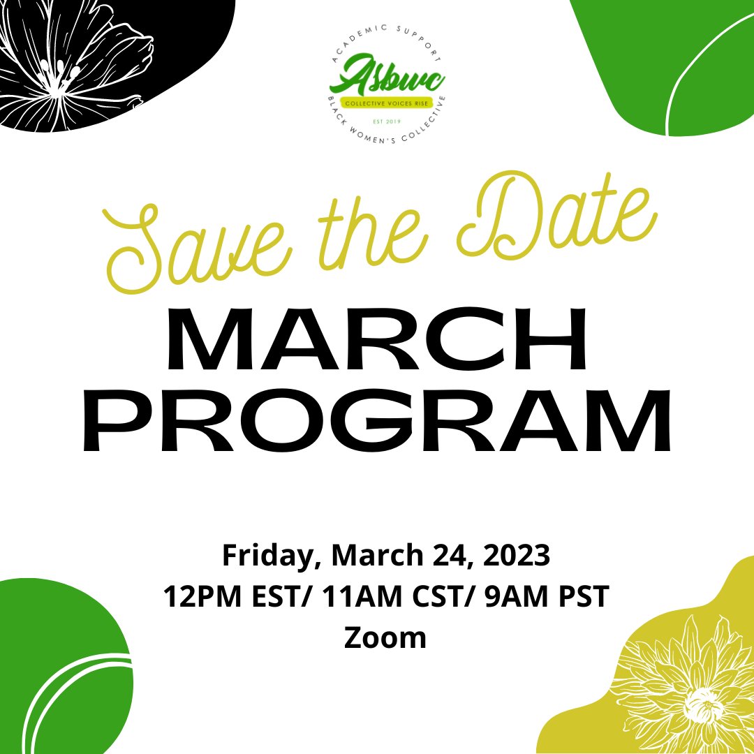 Happy Friday! Please mark your calendar for our Spring Program! We look forward to seeing you. Please tell your sister to save the date and bring them along.

#BlackWomenLeaders #ProfessionalDevelopment #BlackWomenInHigherEducation #BlackWomenInLeadership #BlackWomenInAcademia