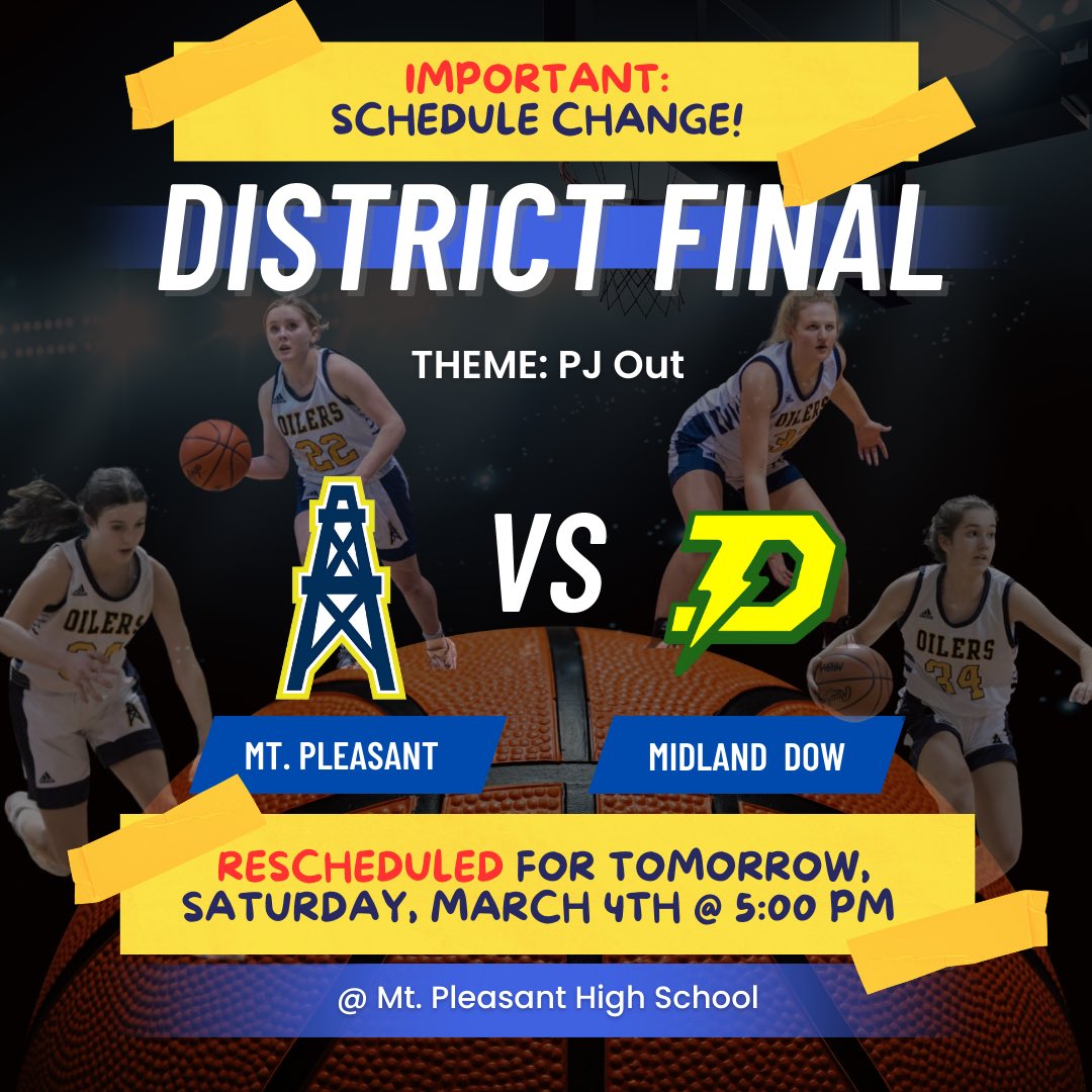 Due to circumstances out of our control, our district final game against Midland Dow scheduled for tonight has been postponed until tomorrow, Saturday, March 4th @ 5:00 PM.
