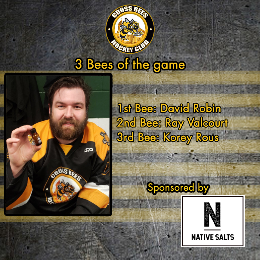 CrossBeesHockey's tweet image. Game 25 - March 2nd - 3 Bees of the game vs. The Lakers: [Sponsored by @native_salts]

🐝---------1st David Robin (@drMediaPro)
🐝🐝-----2nd Ray Valcourt 
🐝🐝🐝-3rd Korey Rous

#BringTheSting
#CrossBees