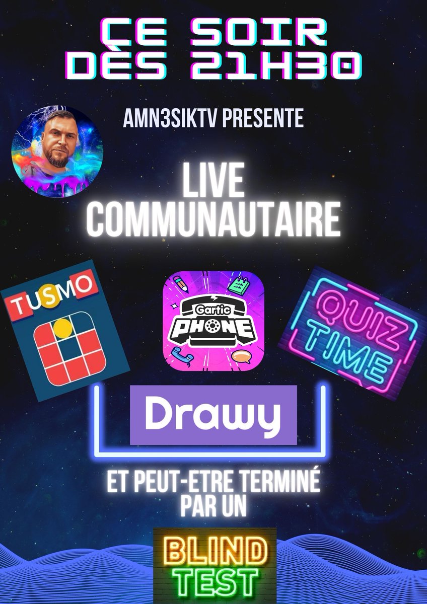 AmnesikGaming's tweet photo. Ce soir n'oubliez pas! Live communautaire, on joue ensemble, fou rires, délires, déconnades garantis. #quiztime #garticphone #drewy #fun #livefr @Stream_Francais @Stream_PRO_Off @RT4French @TwitchHelpFr https://t.co/xlMrichU9Y https://t.co/SiJsLskMNZ