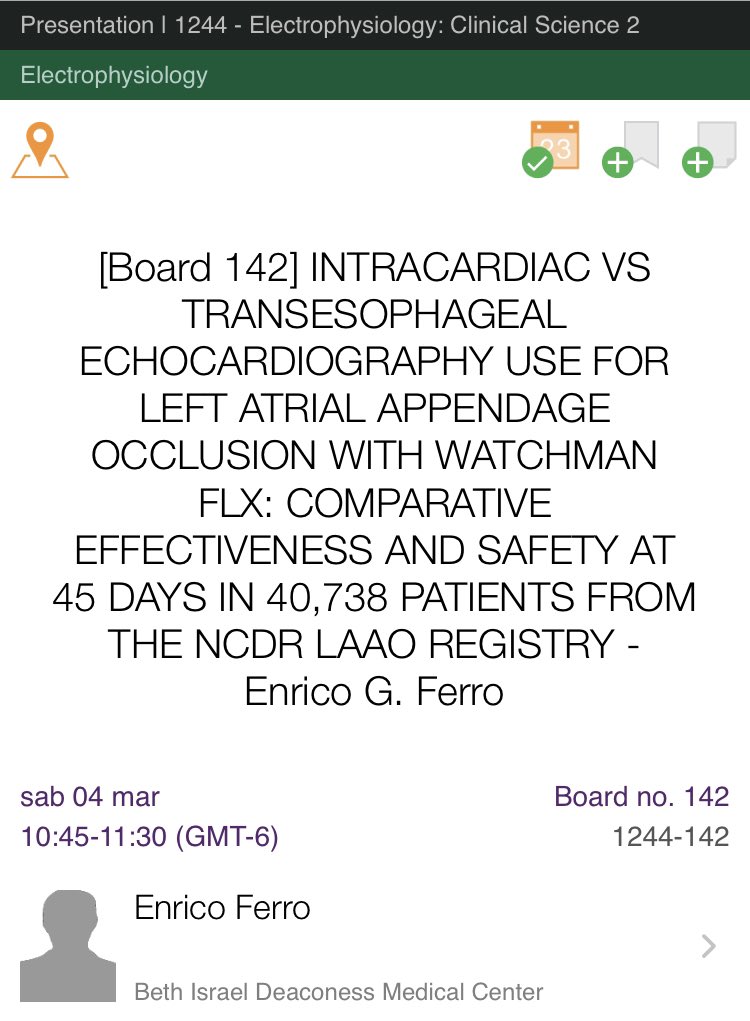 Enrico Ferro, MD (@enricoferromd) on Twitter photo ICE vs #TEE guidance for #LAAO with #Watchman FLX for #afib: how do efficacy and safety compare at 45 days? Excited to present the results at #ACC23 on Saturday 10:45 AM, with data from 40,000 patients, 2,000 operators at 700 hospitals in the <a href="/ACCinTouch/">American College of Cardiology</a> NCDR SURPASS Registry. ICE vs #TEE guidance for #LAAO with #Watchman FLX for #afib: how do efficacy and safety compare at 45 days? Excited to present the results at #ACC23 on Saturday 10:45 AM, with data from 40,000 patients, 2,000 operators at 700 hospitals in the <a href="/ACCinTouch/">American College of Cardiology</a> NCDR SURPASS Registry.