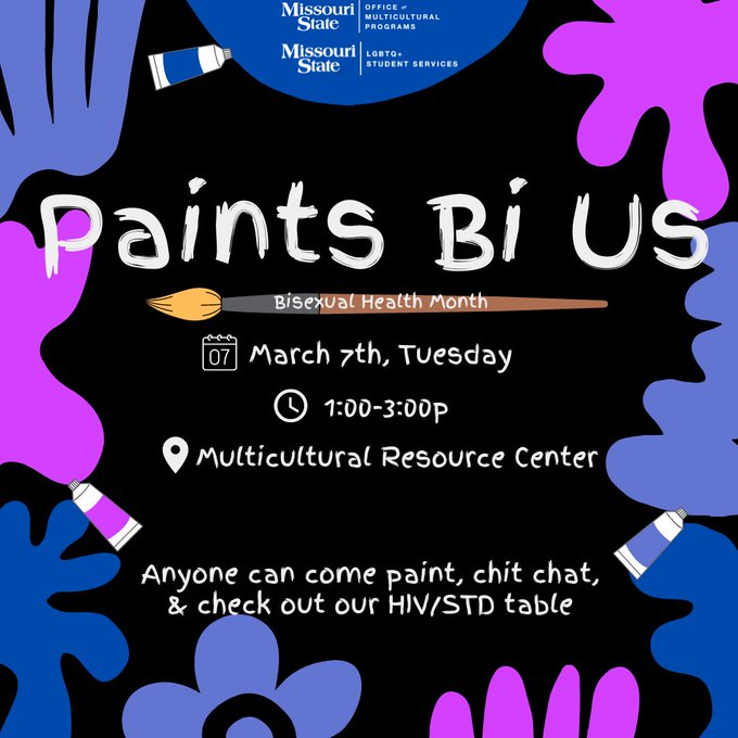InclusiveEngagementMSU (@inclusivemsu) on Twitter photo Happy Mindfulness Mondays! This month is Bisexual Health Awareness Month and it raises awareness of the health needs of people in the bi community. <a href="/mostatelgbtq/">MO State LGBTQ+ Student Services</a> is holding Paints Bi Us tomorrow from 1-3pm in honor of this month. Come out and support!
#MindfulnessMondays Happy Mindfulness Mondays! This month is Bisexual Health Awareness Month and it raises awareness of the health needs of people in the bi community. <a href="/mostatelgbtq/">MO State LGBTQ+ Student Services</a> is holding Paints Bi Us tomorrow from 1-3pm in honor of this month. Come out and support!
#MindfulnessMondays