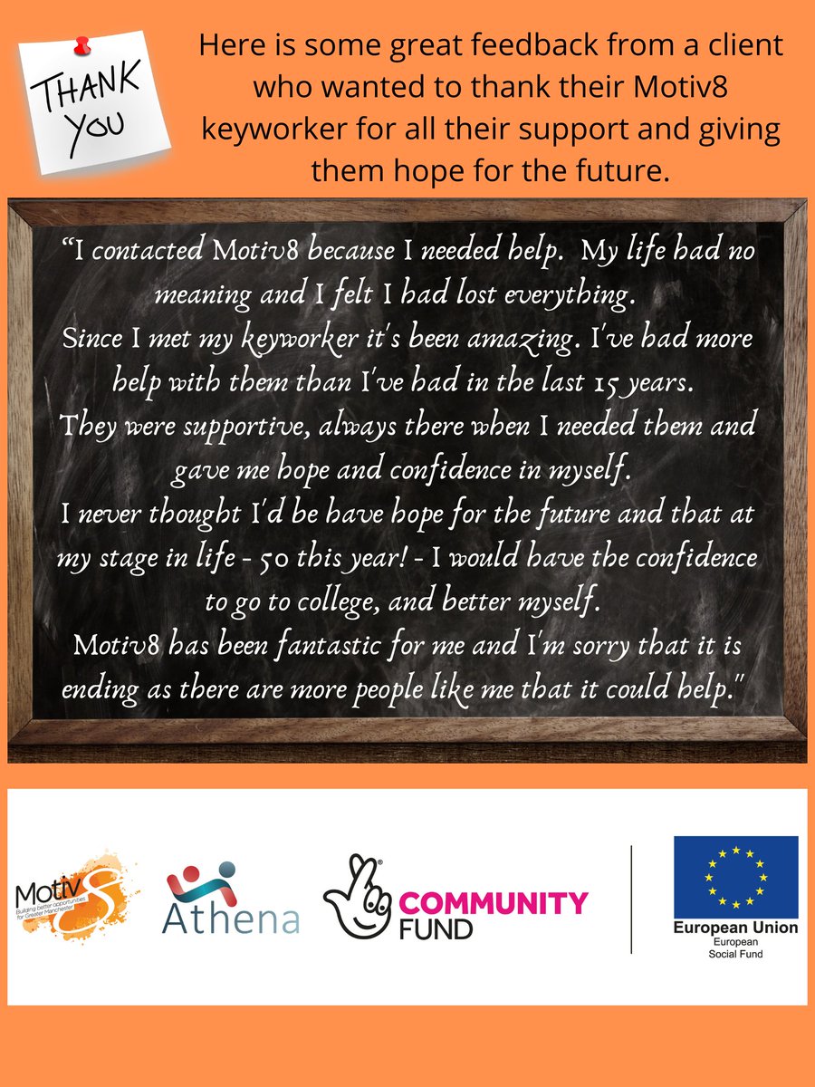 Nothing gives us that #FridayFeeling more than great feedback. This week we received this lovely feedback from a participant who wanted to thank their key worker for giving them hope for the future. #TNLComFundESF #BuildingBetterOpportunities @TNLComFund