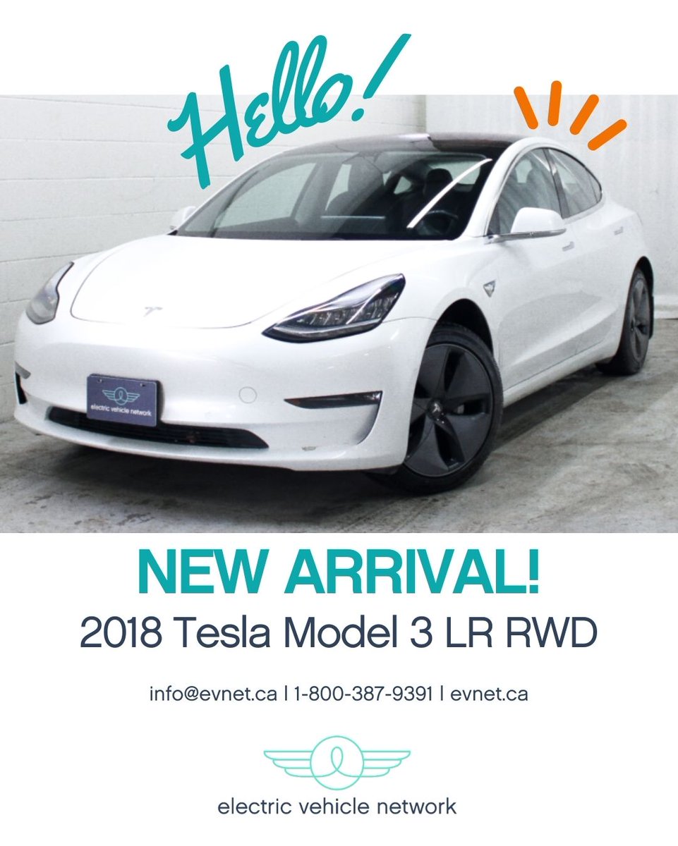 EVNetCanada's tweet photo. This 2018 #TeslaModel3 #LongRange RWD in pearl white features a large electric motor, up to 499 kms per charge! With autopilot, a black vegan leather interior, 15-speaker surround sound, and lifetime premium connectivity! 
info@evnet.ca | 1-800-387-9391 | https://t.co/IVnfFQidfN https://t.co/P9yXeZi5G6