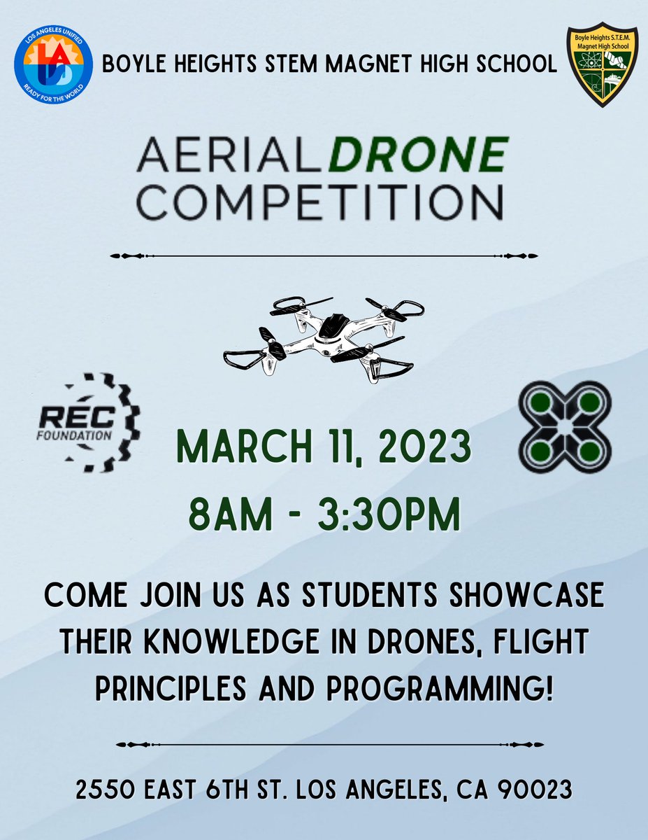 Good morning STEM families! We are having a Drone Competition on March 11 from 8AM - 3:30PM 🤗 Come check it out! 😎