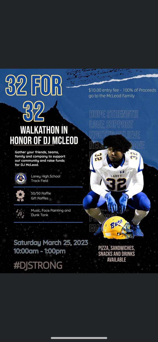 Mark your calendars for March 25th! We are doing a #DJSTRONG💛💙💪 Walkathon. We are trying help raise money to help ease the financial strain put on DJ’s family. Come out to the Laney Track on March 25th from 10:00am-1:00pm!