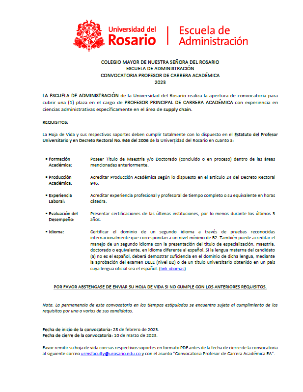 Open faculty position at @AdmonURosario (COL) 🇨🇴 for the supply chain program. Application deadline 10-March. Find attached more info. 
#StrategyTwitter #ManagementTwitter #AcademicTwitter #AcademicChatter #AcademicJobs #FacultyJobs