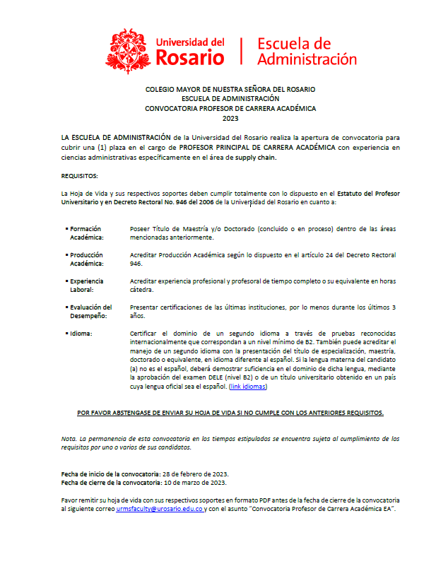 jcortesanchez's tweet photo. Open faculty position at @AdmonURosario (COL) 🇨🇴 for the supply chain program. Application deadline 10-March. Find attached more info. 
#StrategyTwitter #ManagementTwitter #AcademicTwitter #AcademicChatter #AcademicJobs #FacultyJobs https://t.co/iihjefmveM