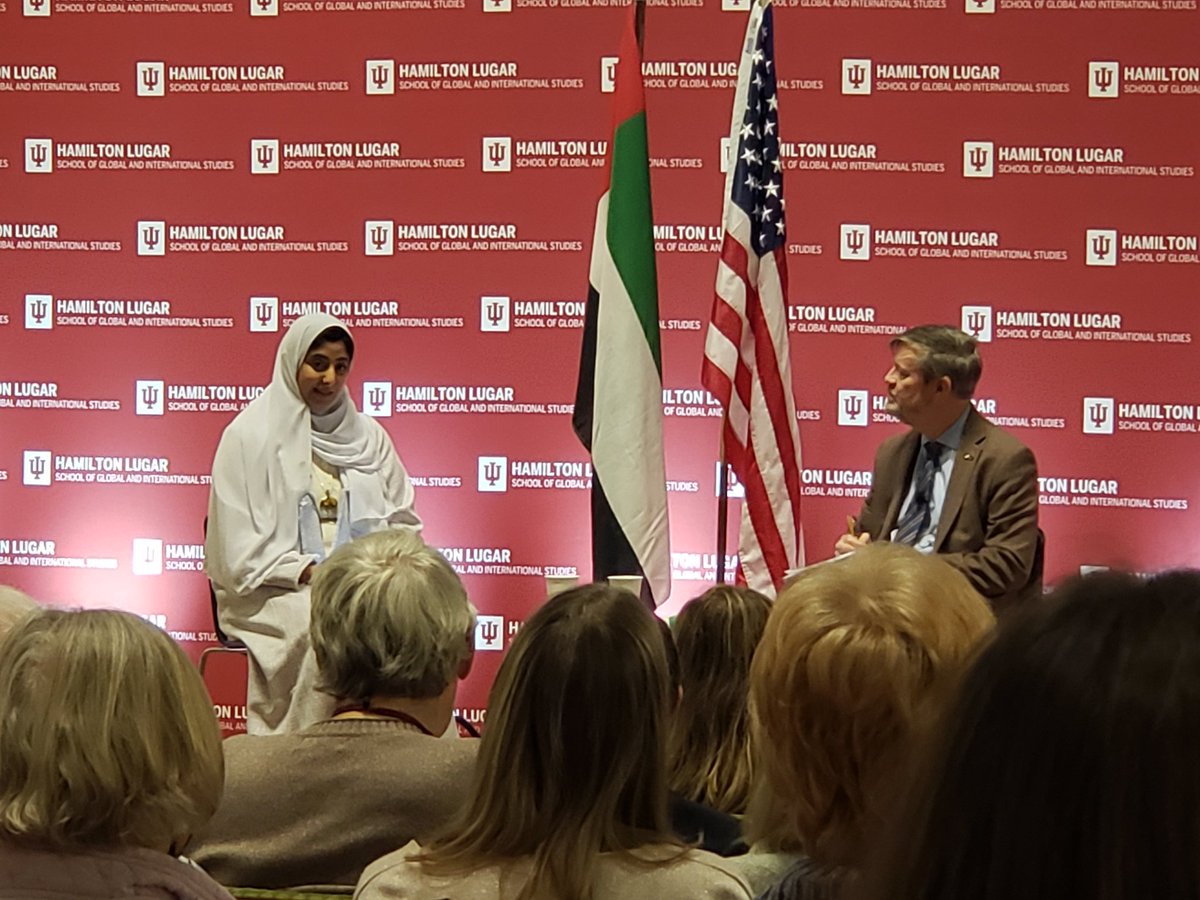 Wonderful comments from HH <a href="/Shamma_AlNahyan/">Sheikha Shamma Al Nahyan</a> bint Sultan bin Khalifa Al Nahyan, President/CEO, UAE Independent Climate Change Accelerators (#UICCA) at the <a href="/IUBloomington/">IU Bloomington</a> <a href="/hamiltonlugar/">Hamilton Lugar School at Indiana University</a> school #ARW8 re: the upcoming UN #Climate Change Conference.
w/ <a href="/hollymdavis/">HollyMDavis 🫣</a>