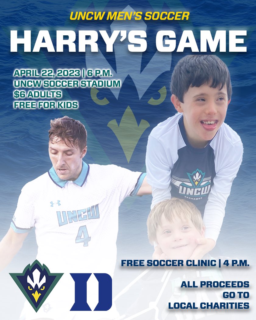 UNCWMenssoccer's tweet photo. 🫶⚽️
Join us for Harry’s Game on Apr. 22 vs. Duke to benefit children with special needs and promote inclusion and acceptance for all.
All proceeds will be donated to local charities.
#UNCW #HarrysGame https://t.co/UYa3Z0lwa4