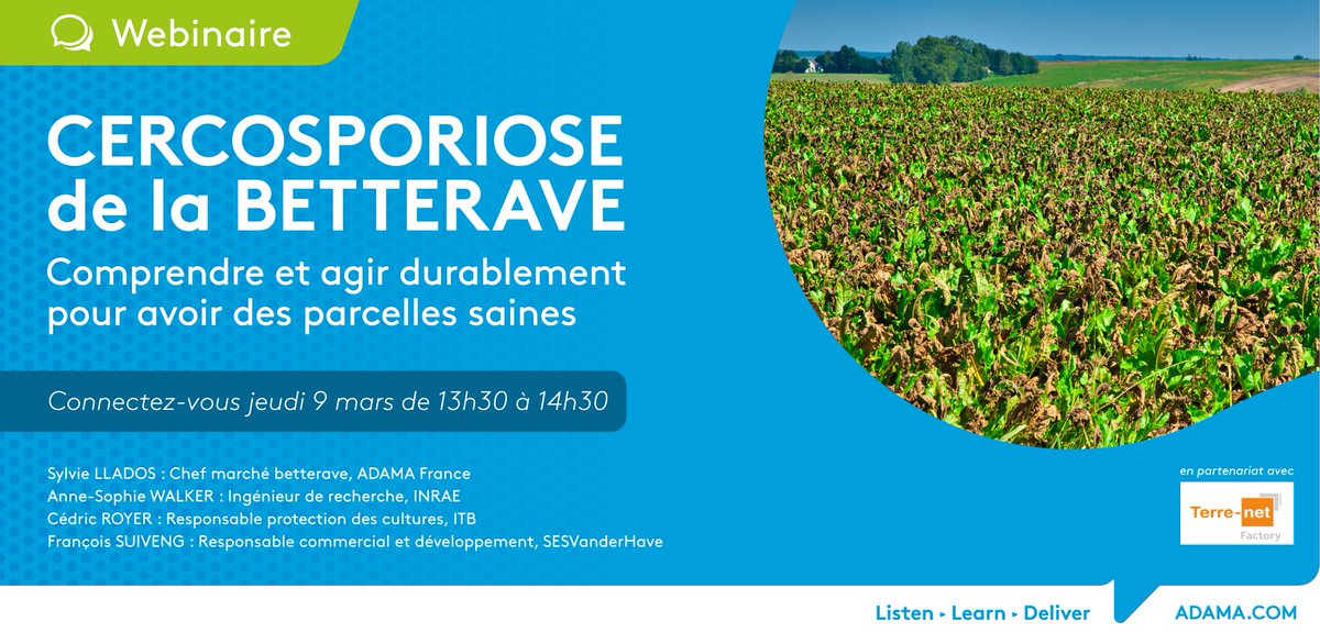 adama_france's tweet photo. #BETTERAVES : Il est encore temps de vous inscrire pour notre prochain webinaire CERCOSPORIOSE de la BETTERAVE « Comprendre et agir durablement pour avoir des parcelles saines ». 
📆  Jeudi 9 mars
🕐 13h30 – 14h30
Inscriptions ➡ https://t.co/PtXM1iVYZQ https://t.co/dXWmQionwQ