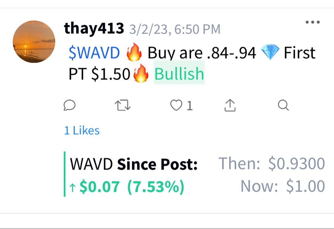 thay315's tweet photo. $WAVD Update $1.45 my first PT🔥 https://t.co/fJIrH2MHKA