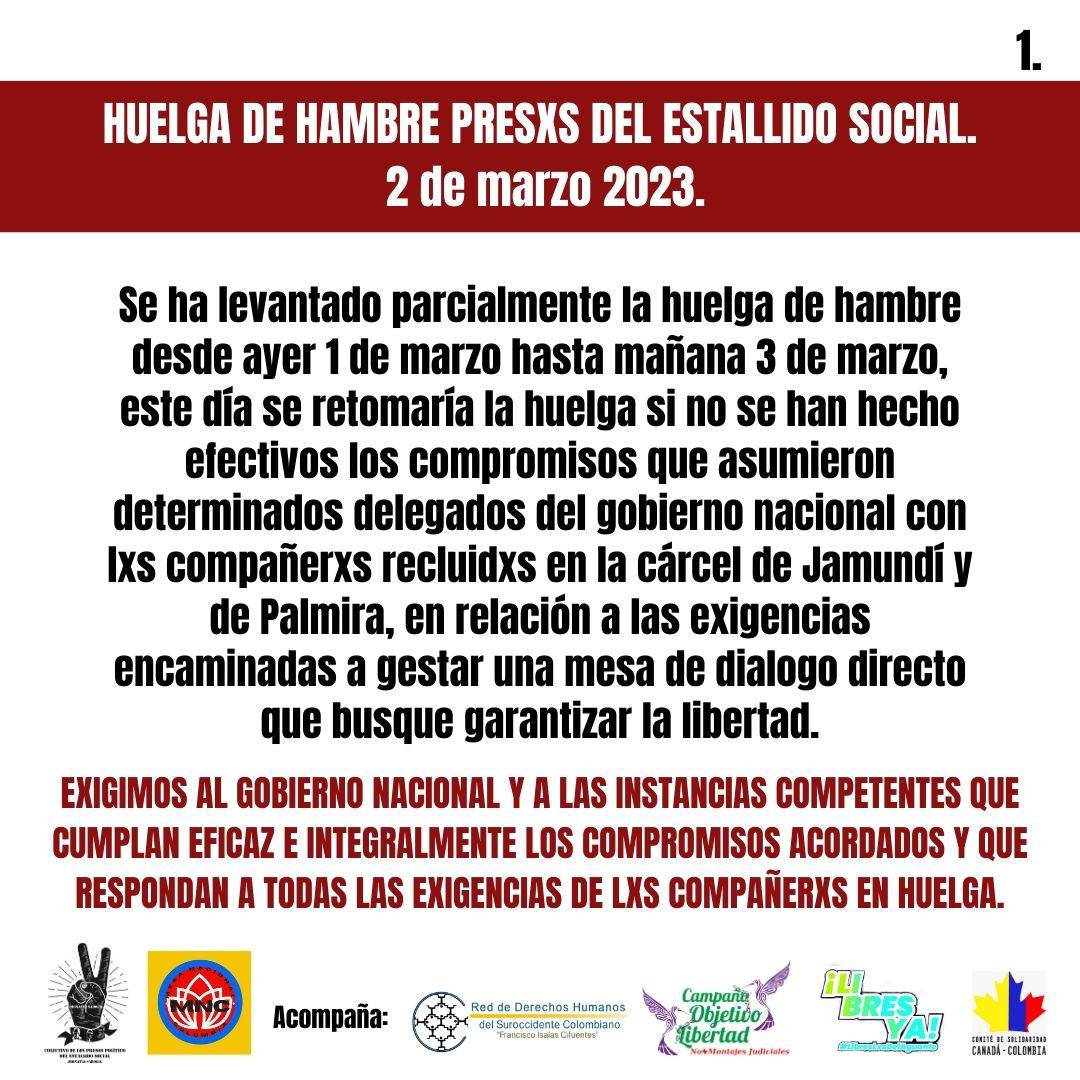 🇨🇴 #Comunicado 📢 #HuelgaDeHambre 🚫⚠️⛔️

🔗 #PrisionerosPolíticos del #EstallidoSocial ✊🏾

[1/3]