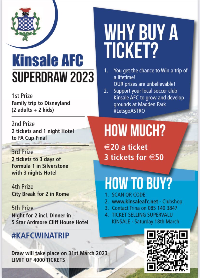 4 weeks today 5 lucky winners will win one of our fab prizes! Draw takes place in Oscars on Friday 31/03! Get your ticket now using the link below! €20 ticket kinsaleafc.net/products/9842/… 3 for €50 kinsaleafc.net/products/9843/… Or in Supervalu on 18/03 Please retweet! #KAFCWINATRIP