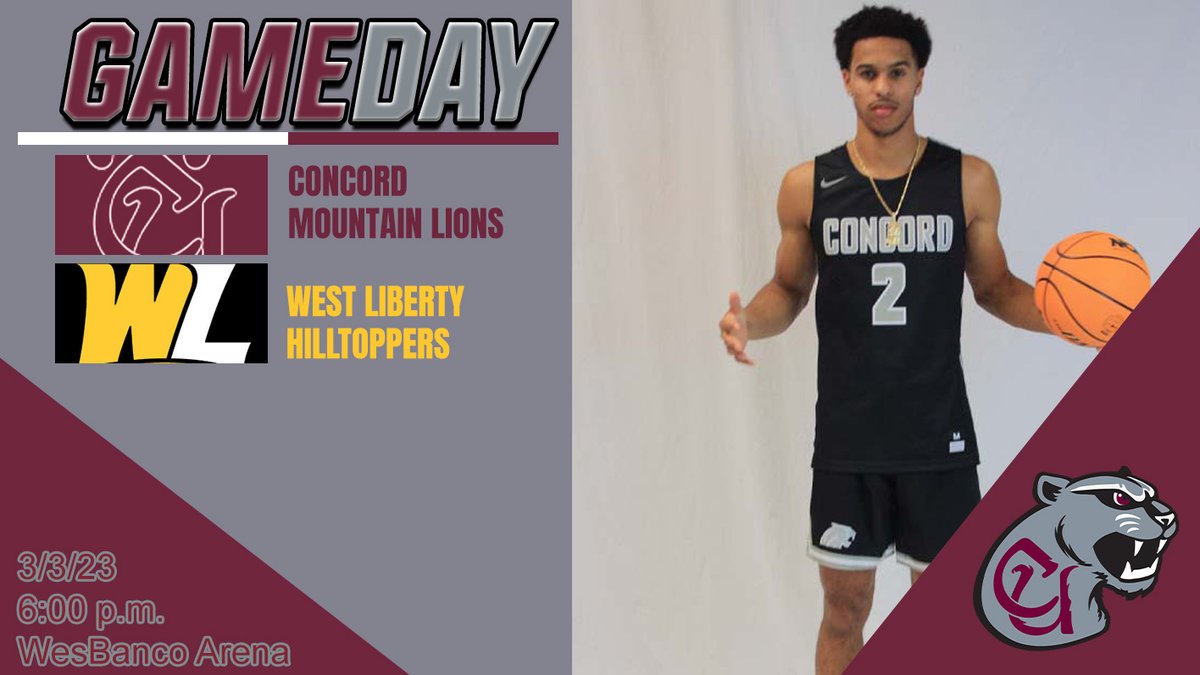 .<a href="/CU_MBB/">Concord Basketball</a> GAMEDAY vs. #5 West Liberty (MEC Tournament Quarterfinals)

📍Location: WesBanco Arena (Wheeling, W. Va.)
⏰Time: 6:00 p.m.
📊Stats: stats.statbroadcast.com/broadcast/?id=…
📺Video: mountaineast.tv
📰Preview: cumountainlions.com/documents/2023…