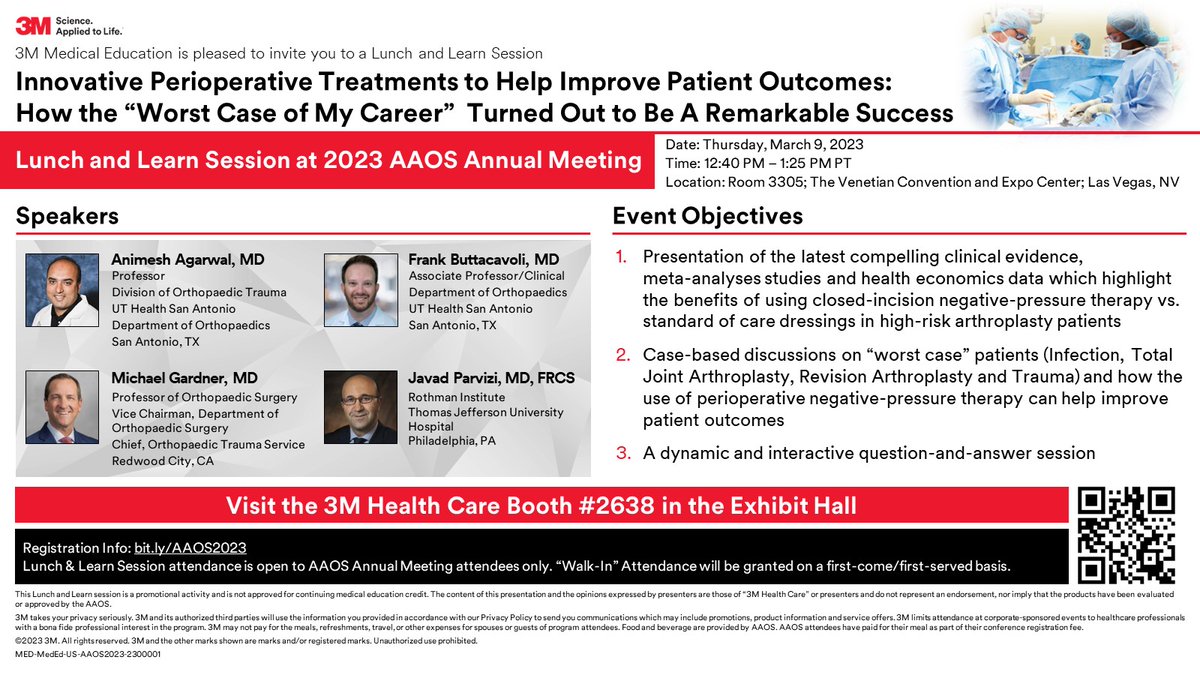 SolventumMed's tweet image. Join us on March 9 at the American Academy of Orthopaedic Surgeons (#AAOS) Annual Meeting for a Lunch and Learn Session you don&apos;t want to miss! #AAOS2023