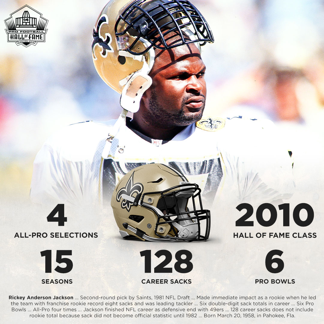 RT @ProFootballHOF: As Rickey Jackson's week in our #GoldJacketSpotlight winds down, we take a look at his Hall of Fame resume.