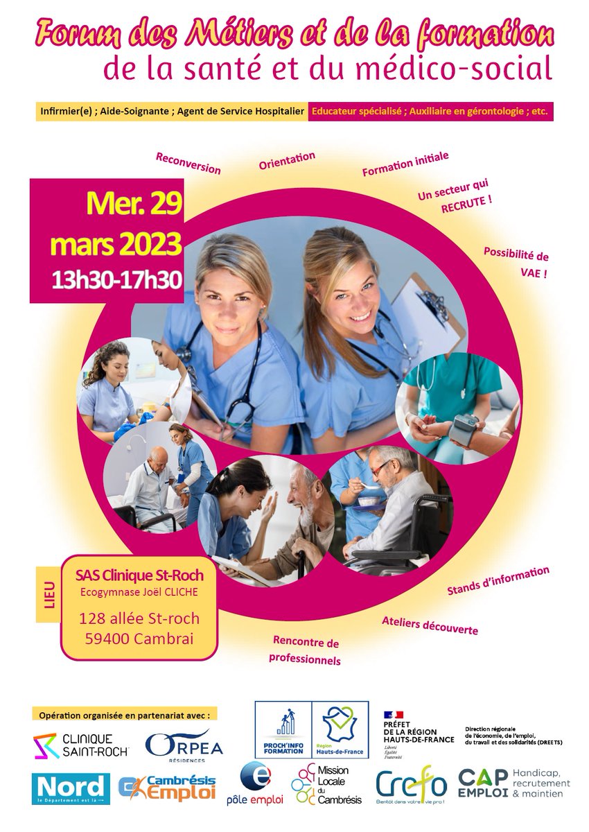 🛑 Cambrésis Emploi et le Proch'Info Formation, seront présents au forum des métiers et de la formation, de la santé et du médico-social : 
🗓  Le Mercredi 29/03/2023 de 13h30 à 17h30 
➡️ Clinique St Roch, 128 Allée St Roch à Cambrai - Ecogymnase
👍 Ouvert à tous !