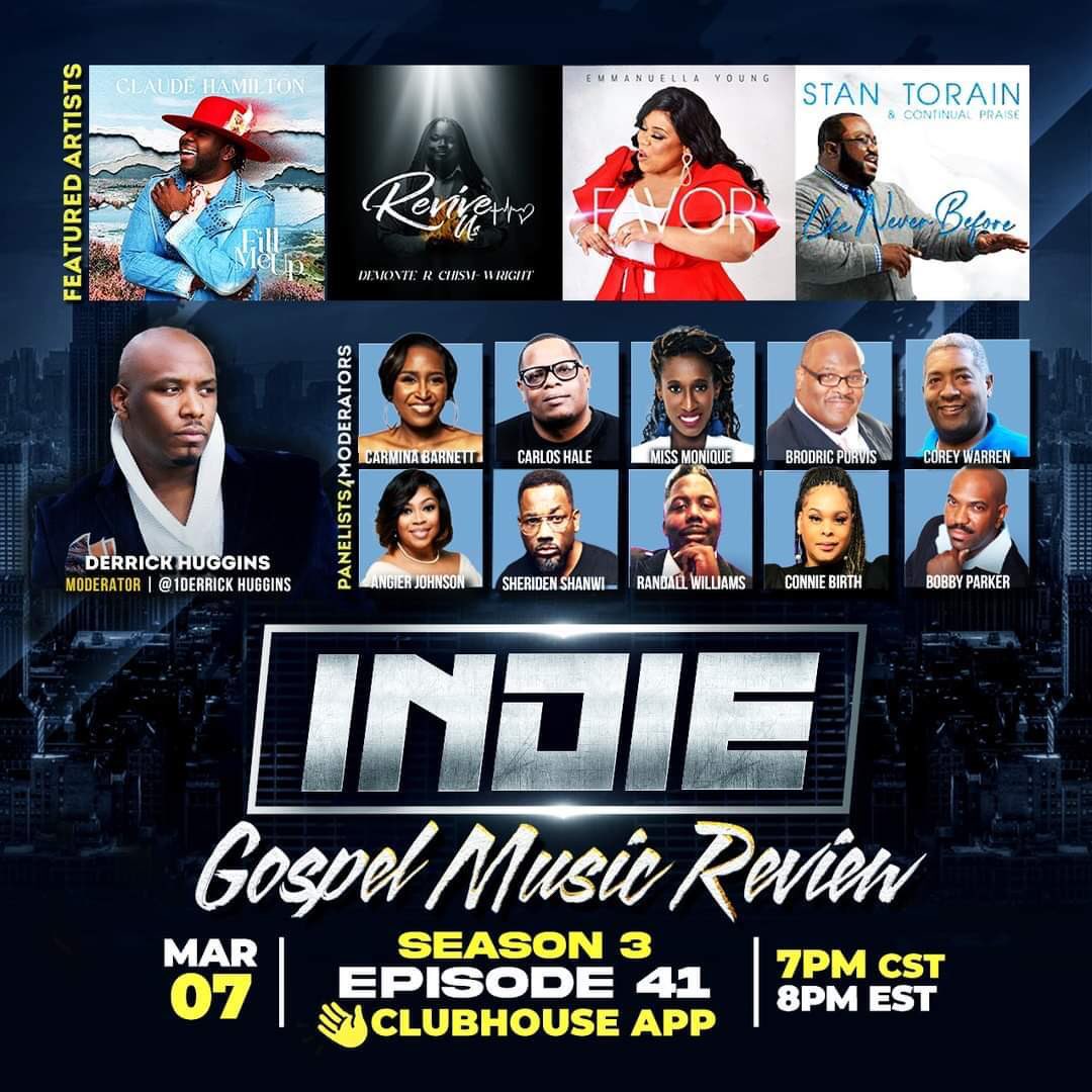 Mar 7, 2023, <a href="/MyINDIEHelpDesk/">The INDIE Artist Help Desk</a> and <a href="/TheNARMP/">National Association of Radio & Music Promoters</a> RETURNS with the #INDIEGospelMusicReview! 

Our featured artists include: <a href="/_ClaudeHamilton/">Claude Hamilton</a>, @encouragegospel13, <a href="/eyoungtv/">Emmanuella Young</a>, and <a href="/satorain1/">Rev.StanleyATorain</a> 

Submit the following to theindieartisthelpdesk@gmail.com:

1. MP3
2. Cover art
3. Contact number