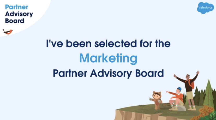 I’m excited to announce I’ve been selected for the Marketing Partner Advisory Board! I’m looking forward to working with other #SalesforcePartners to share our feedback and guidance on <a href="/Salesforce/">Salesforce</a> programs, products, and industry solutions. <a href="/partnerforce/">Salesforce Partners</a>