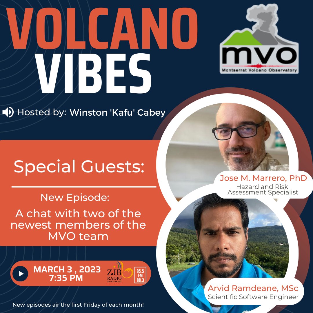 mvoms's tweet photo. Tune in to this month's episode of 'Volcano Vibes' tonight, 7:30 pm on ZJB Radio. 
Host Winston Kafu Cabey sits down with special guests, Dr Jose Marrero and Mr. Arvid  Ramdeane - two of the newest members of the MVO team. 
#mvo #volcanovibes #scienceradio #newteamembers https://t.co/7KriZppMTX