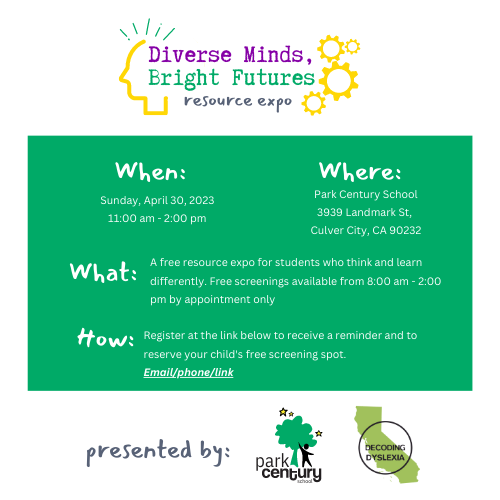 We are proud to host the 2023 Diverse Minds, Bright Futures Resource Expo. 

Please help us spread the word to the greater LA community about this invaluable, FREE event, which offers screenings, and a full day of resources, including guest speakers, to be announced soon.