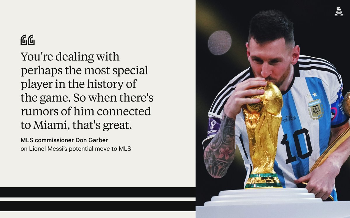 MLS commissioner Don Garber said it will likely take a creative, David Beckham-like deal to facilitate a Lionel Messi move to MLS.

But Garber says the league is willing to be flexible to help Inter Miami land the Argentine superstar.

More: theathletic.com/4273478/2023/0…